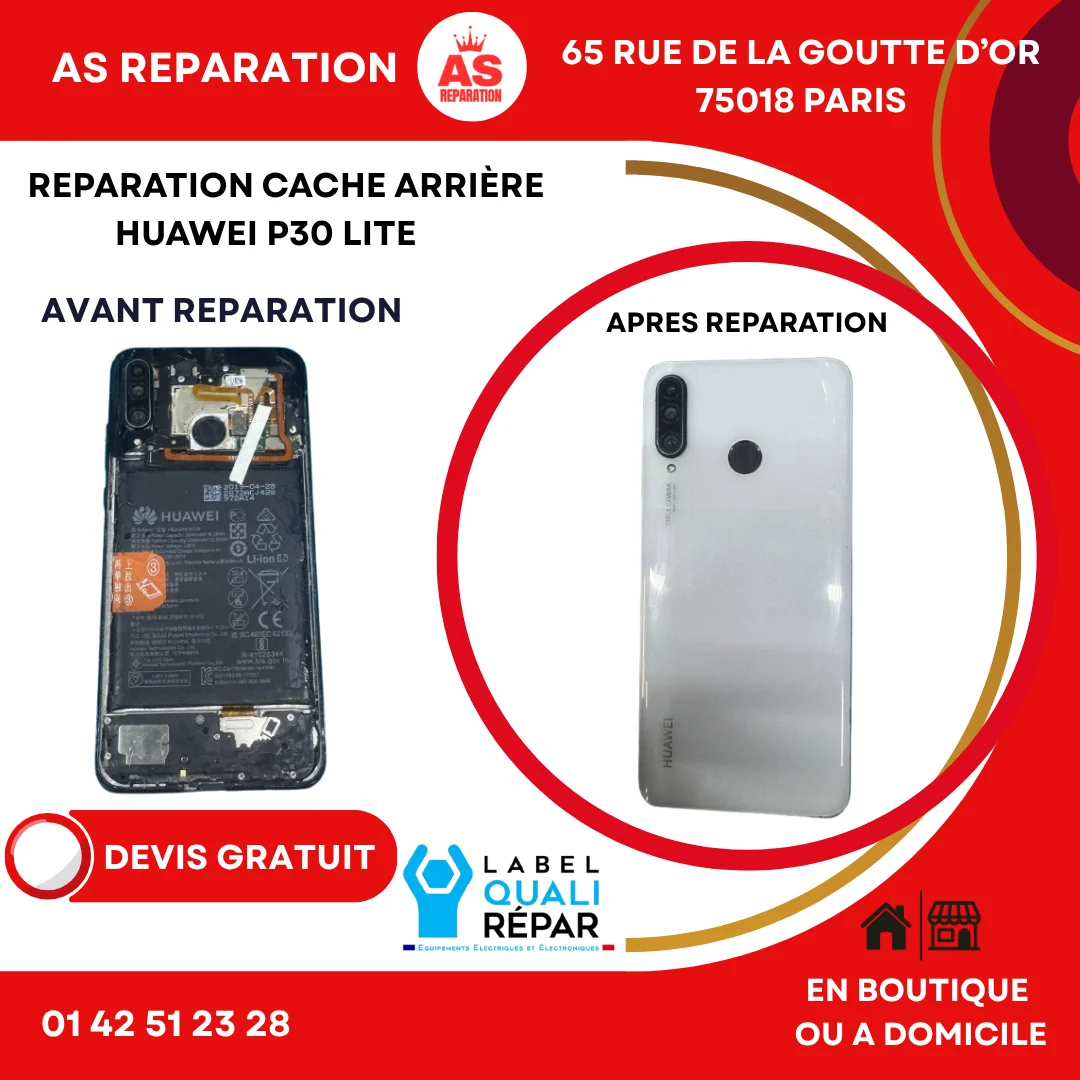 Réparation téléphone cache arrière HUAWEI P30 LITE Paris - Avant et après comparaison atelier